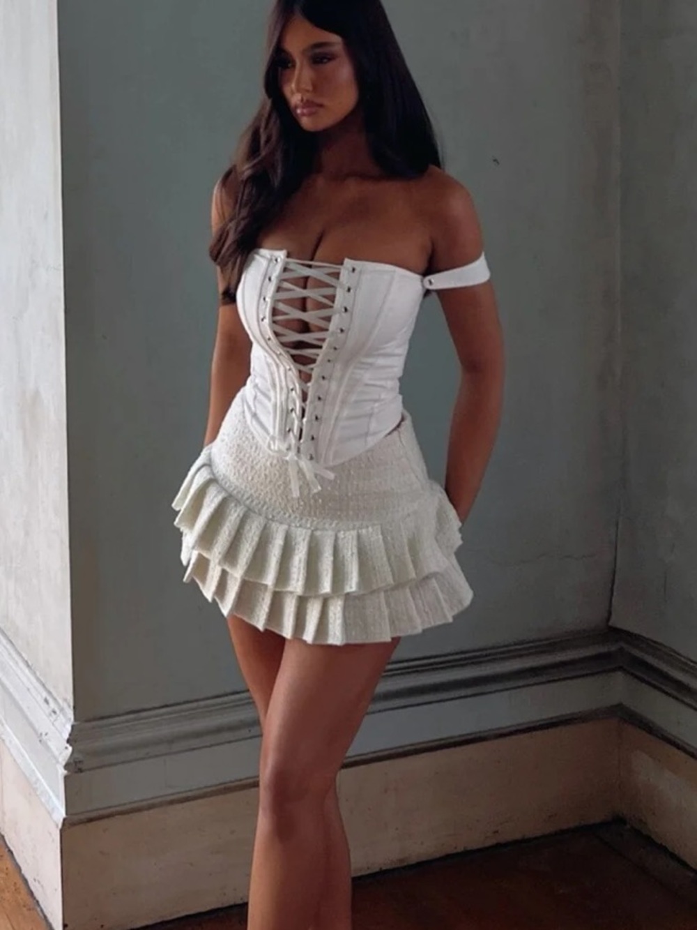 Outcast White Lace-Up Corset Top with Cream Pleated Tweed Mini Skirt